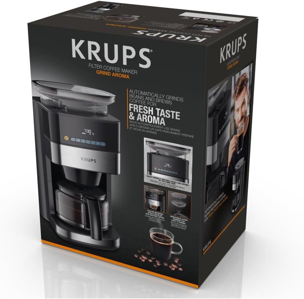 Krups Espressomaskin KM8328 Mal med kvarn | 24 timmars timer | Spannmålsbehållare 180 g | Kapacitet 1,25 l för upp till 15 koppar kaffe | Funktion för automatisk avstängning | 3 slipinställningar | Svart