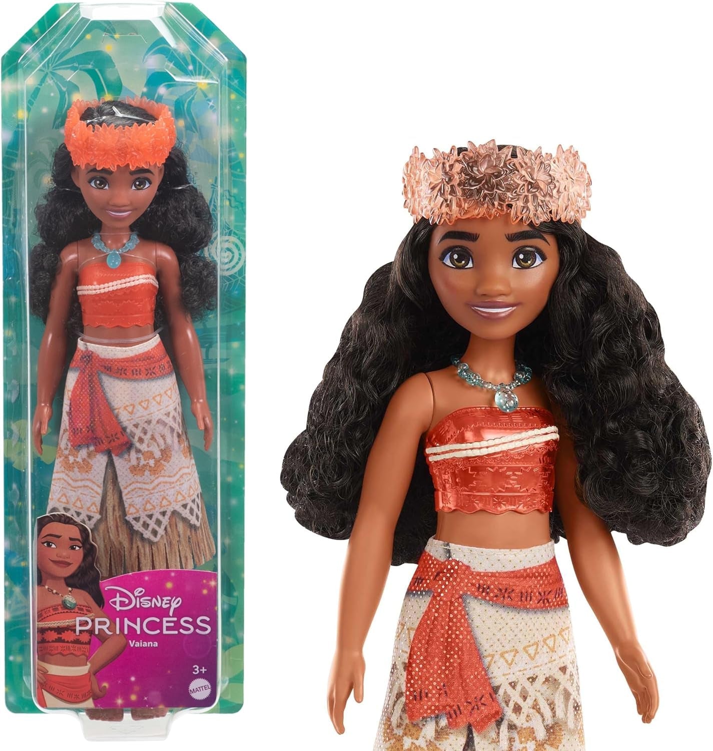Mattel DISNEY Moana - Ledad modedocka med glitteroutfit, avtagbart pannband och halsband, för barn från 3 år och uppåt, HPG68
