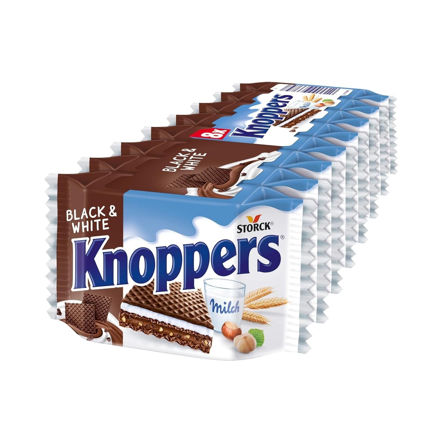 White and Black Knoppers – 8 x 25g – Rånskivor fyllda med mörka kakaobrån, bitar av svarta kex, mjölk och nougatkräm