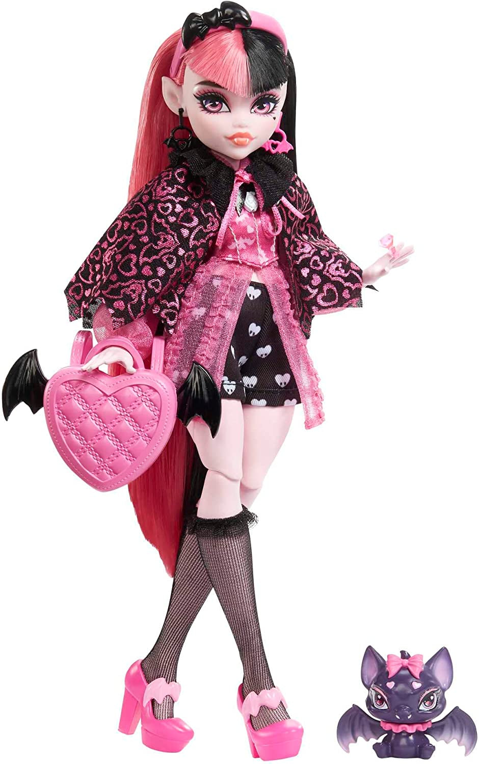 Monster High Draculaura-docka med sitt husdjur Count Fabulous fladdermuskatt och tillbehör som ryggsäck, trollformelbok, bentobox och mer, HRP64 Naty Shop Dolls Vamp-smakande mode