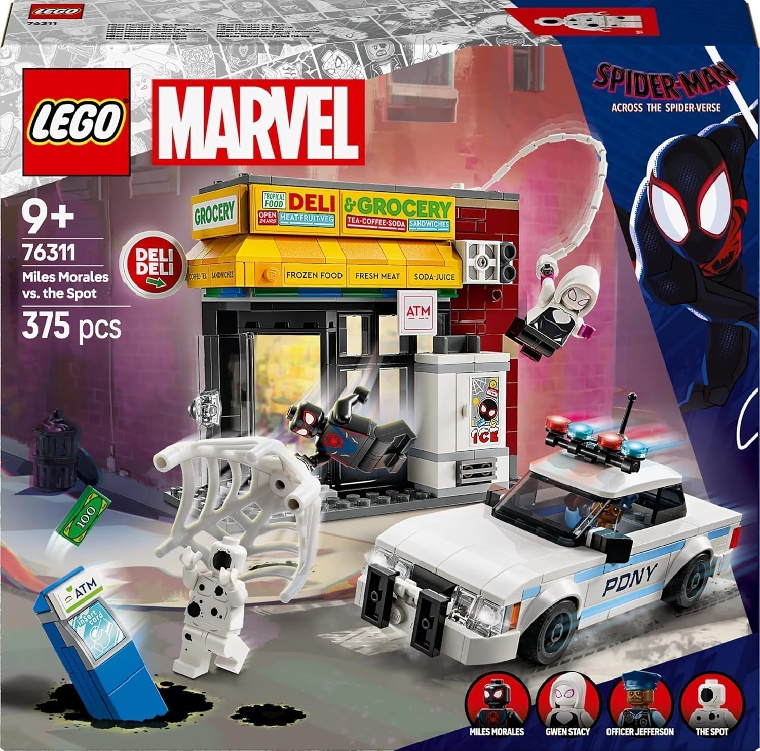 LEGO Marvel Spider-Verse: Miles Morales vs. Spot - Superhjältelekset med leksaksbil - 4 minifigurer och minimarknad - Present till pojkar och flickor i åldern 9+ 76311 Byggset Besuche den LEGO-Store
