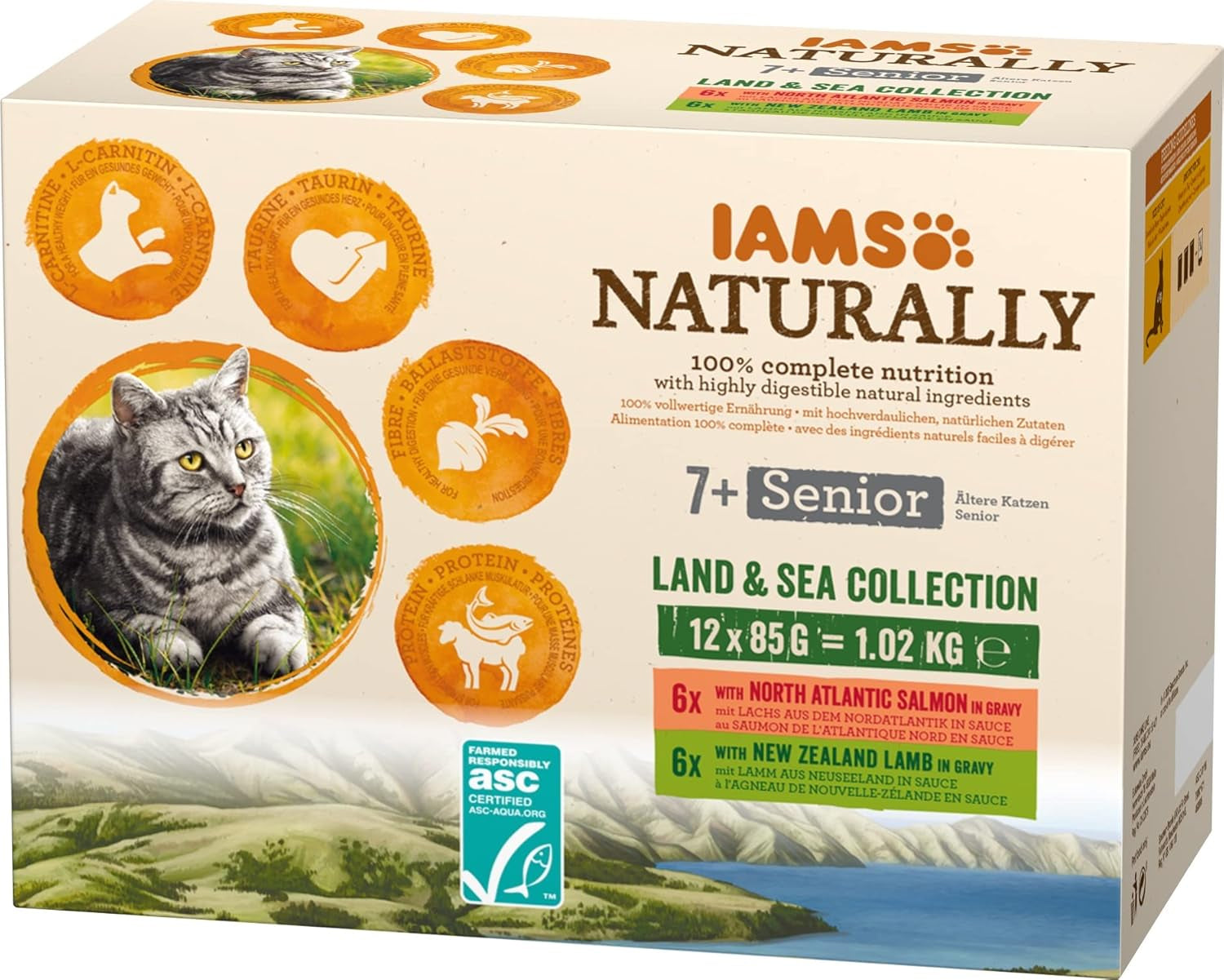 IAMS Naturally Senior Våtfoder i sås - Högkvalitativt kött och fisk våtfoder för äldre katter, Land & Sea Collection, 12 x 85g