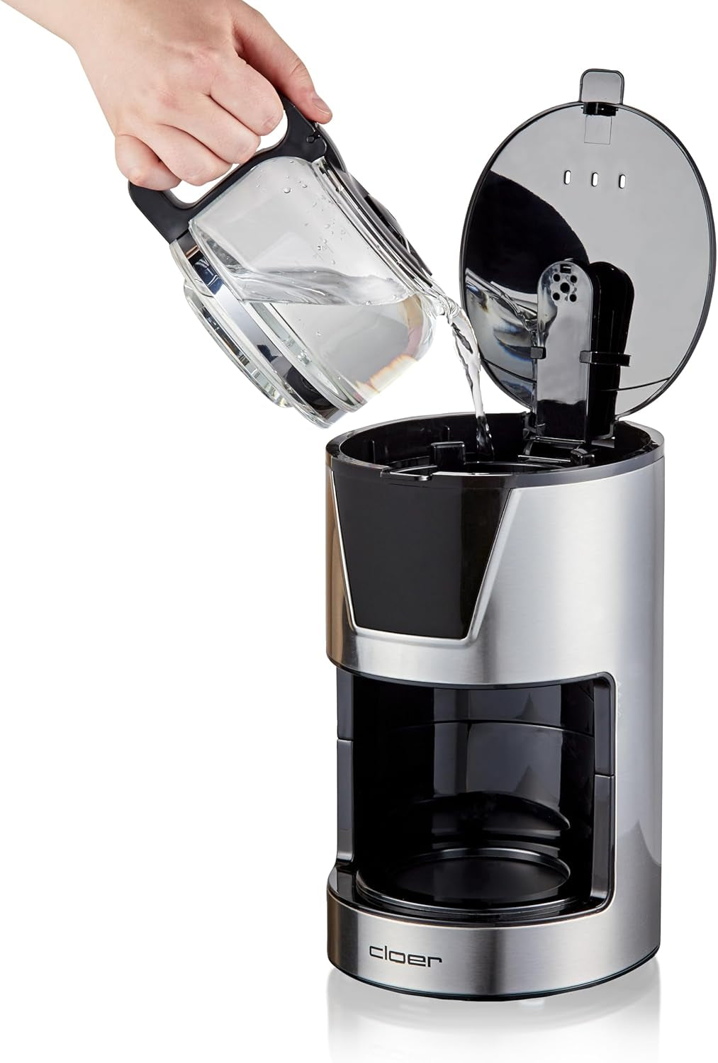 Cloer 6-kopps filter espressomaskin, skonsam varmhållningsfunktion, glaskaraff, mätsked, vattennivåindikator, antidroppsystem, automatisk avstängning, filterstorlek 1x2, 550W, rostfritt stål