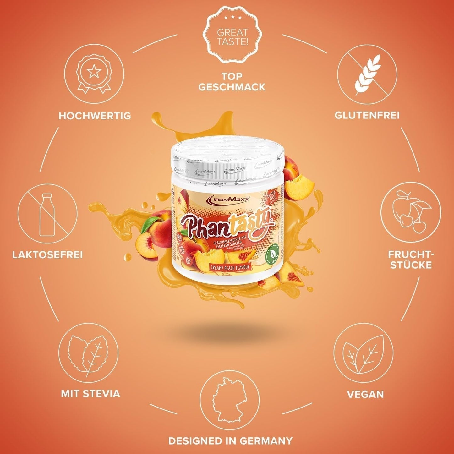 Ironmaxx Phantasty - Creamy Peach 250G Dos | Vegan Geschmackspulver Mit Echten Frucht- Oder Nussstückchen | Perfekter Zuckerersatz Sweeteners Naty Shop