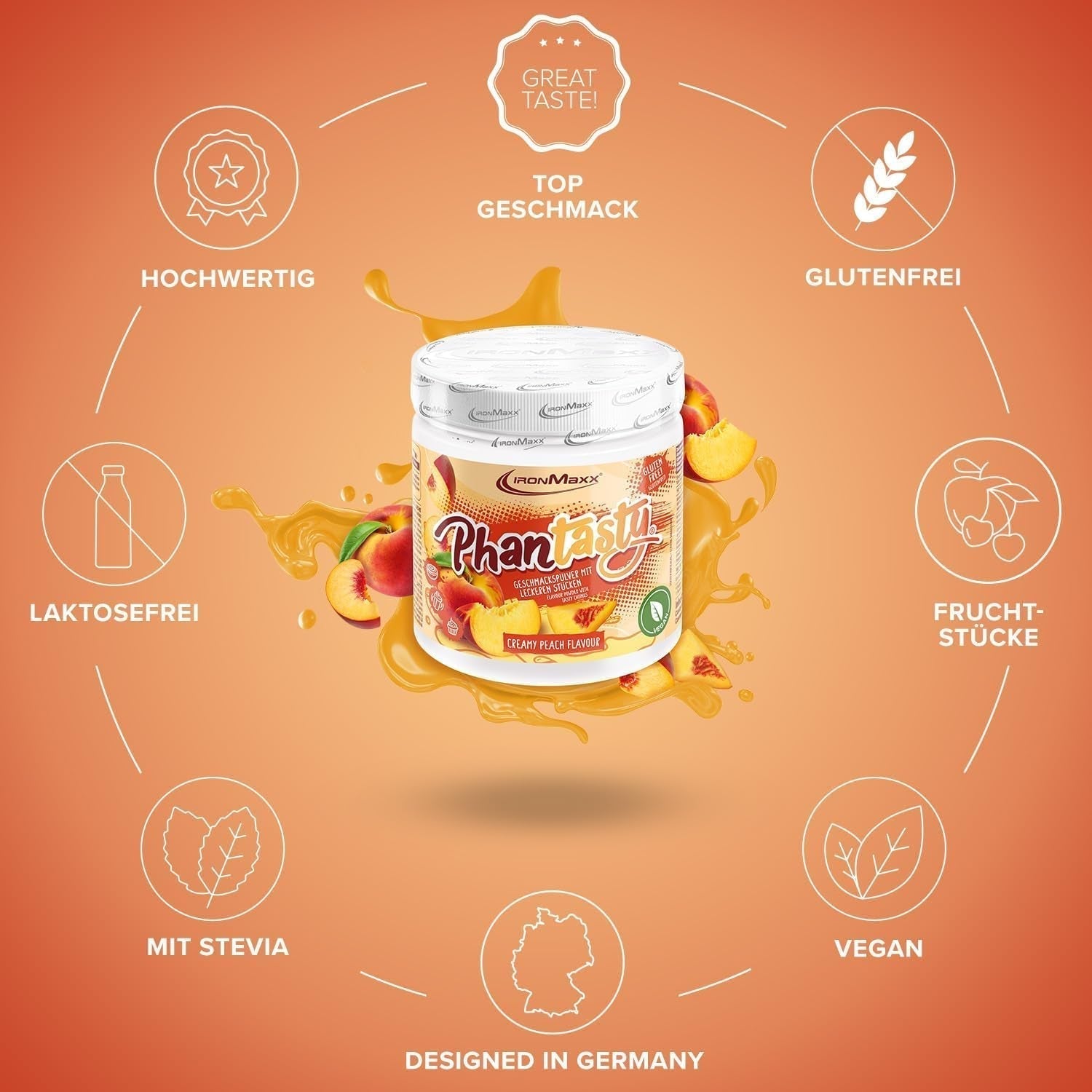Ironmaxx Phantasty - Creamy Peach 250G Dos | Vegan Geschmackspulver Mit Echten Frucht- Oder Nussstückchen | Perfekter Zuckerersatz Sweeteners Naty Shop