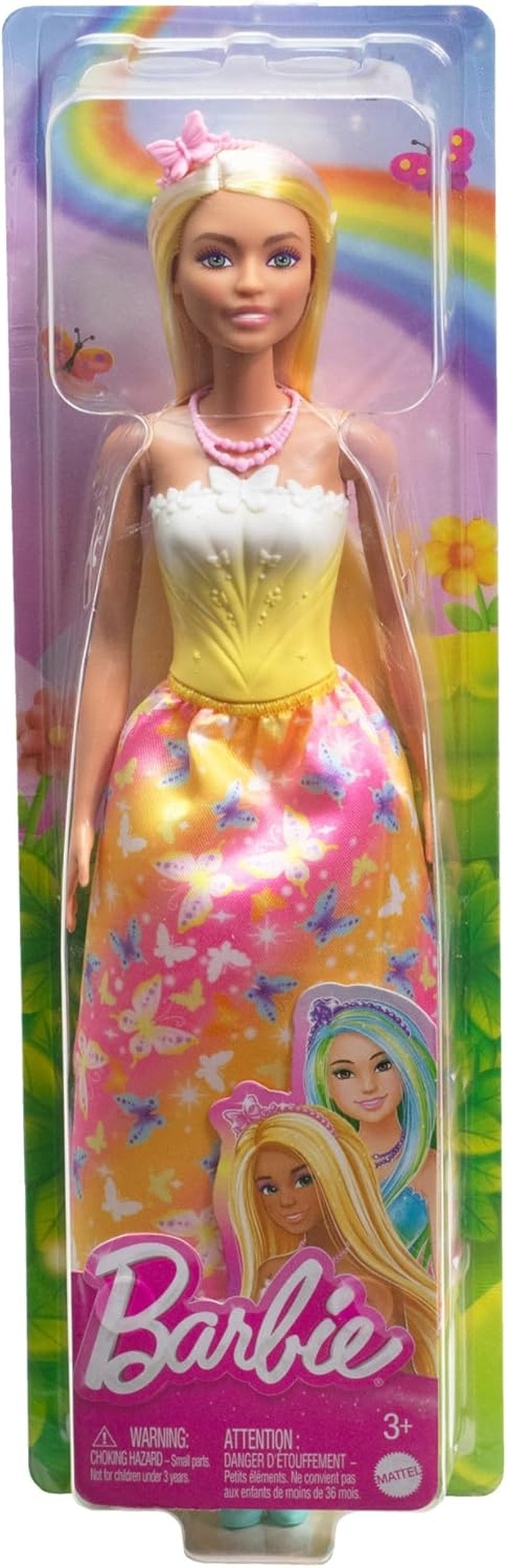 Royal Barbie Doll med snyggt hår med färgglada hårstrån, färgglada accessoarer, gradient gul topp och fjärilskjol, HRR09 Naty Shop Dolls