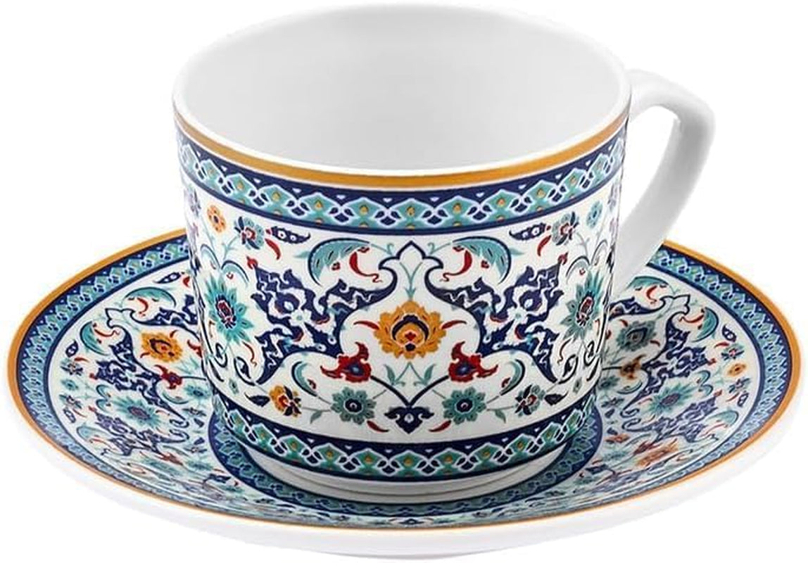 KARACA Beylerbeyi - 12-delat turkiskt kaffekoppset Porslin Espressokopp Set om 6 med fat 80ml Espressokoppset Traditionell design - Blå