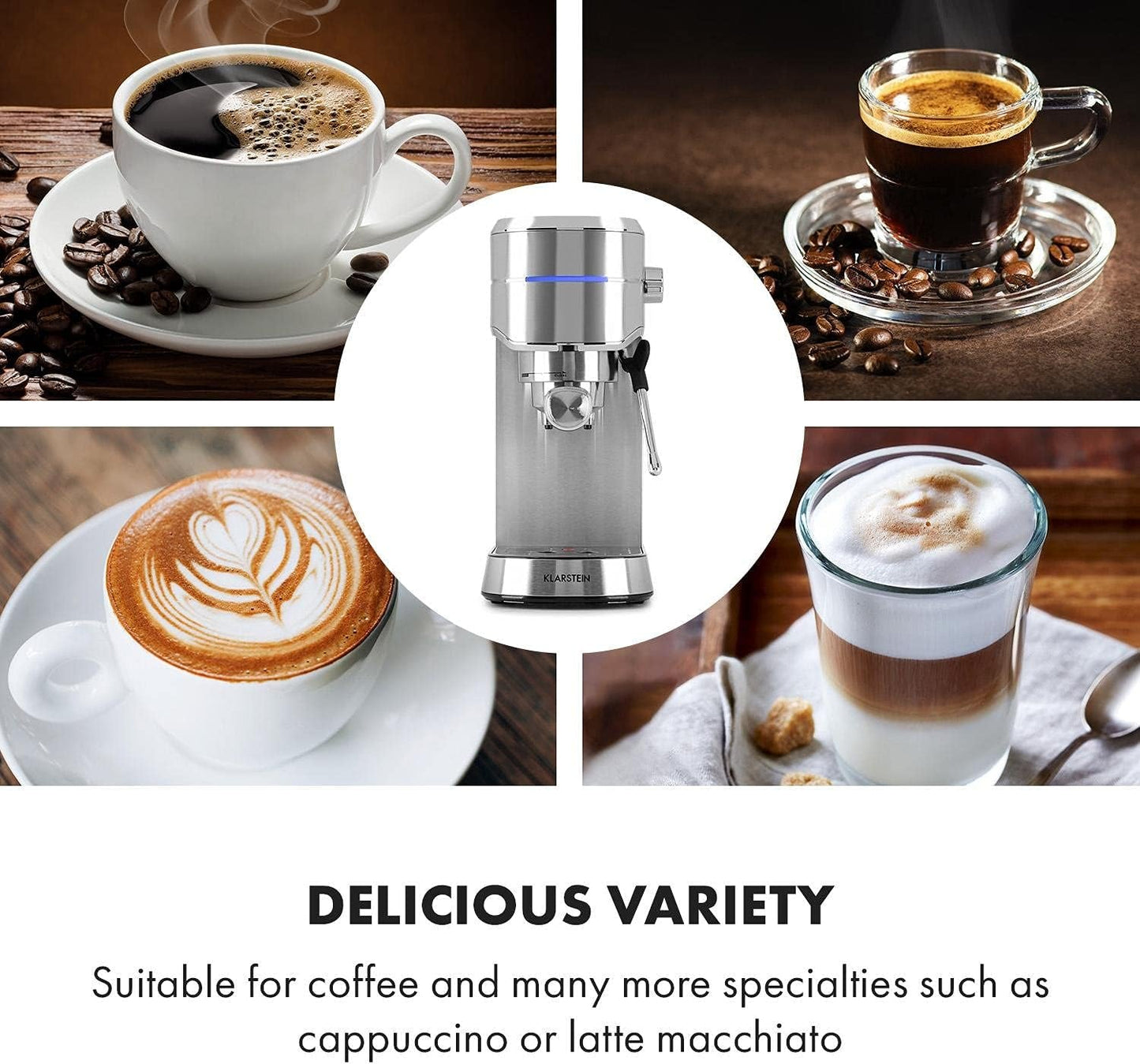 Klarstein Futura Espressomaskin, Portable Filter Espresso Machine, 1450 W, 20 bar, Barista Quality, Dubbelmunstycke, Flow Stop, Portable Filter Espresso Machine, Mjölkskummare Funktion, Silver