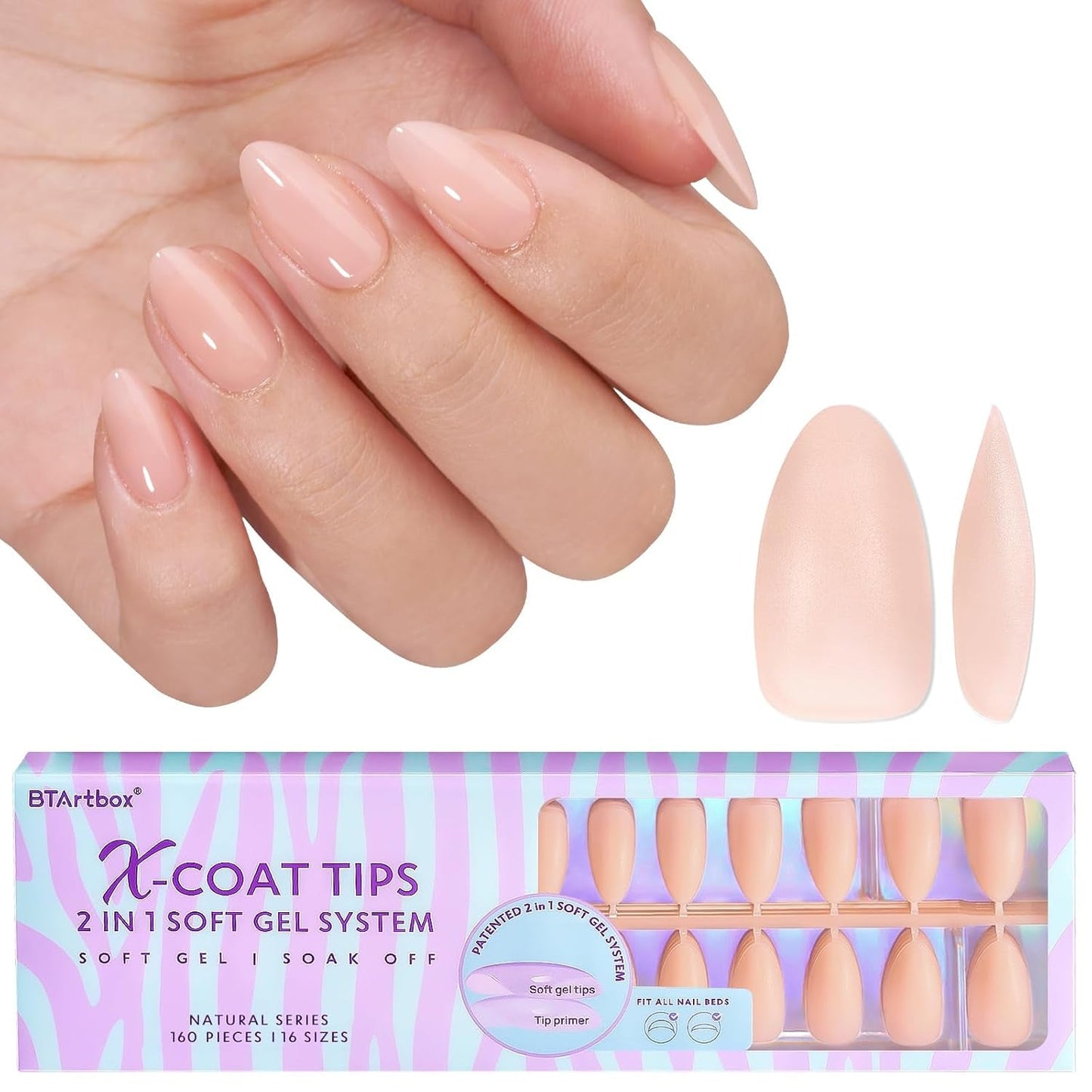 Btartbox Extra Korta Soft Gel Nails Heltäckande Mandel Korta Nagelspetsar 160 st Fördesignade XCOATTIPS konstgjorda naglar Mandel Korta nageltips för nagelförlängning
