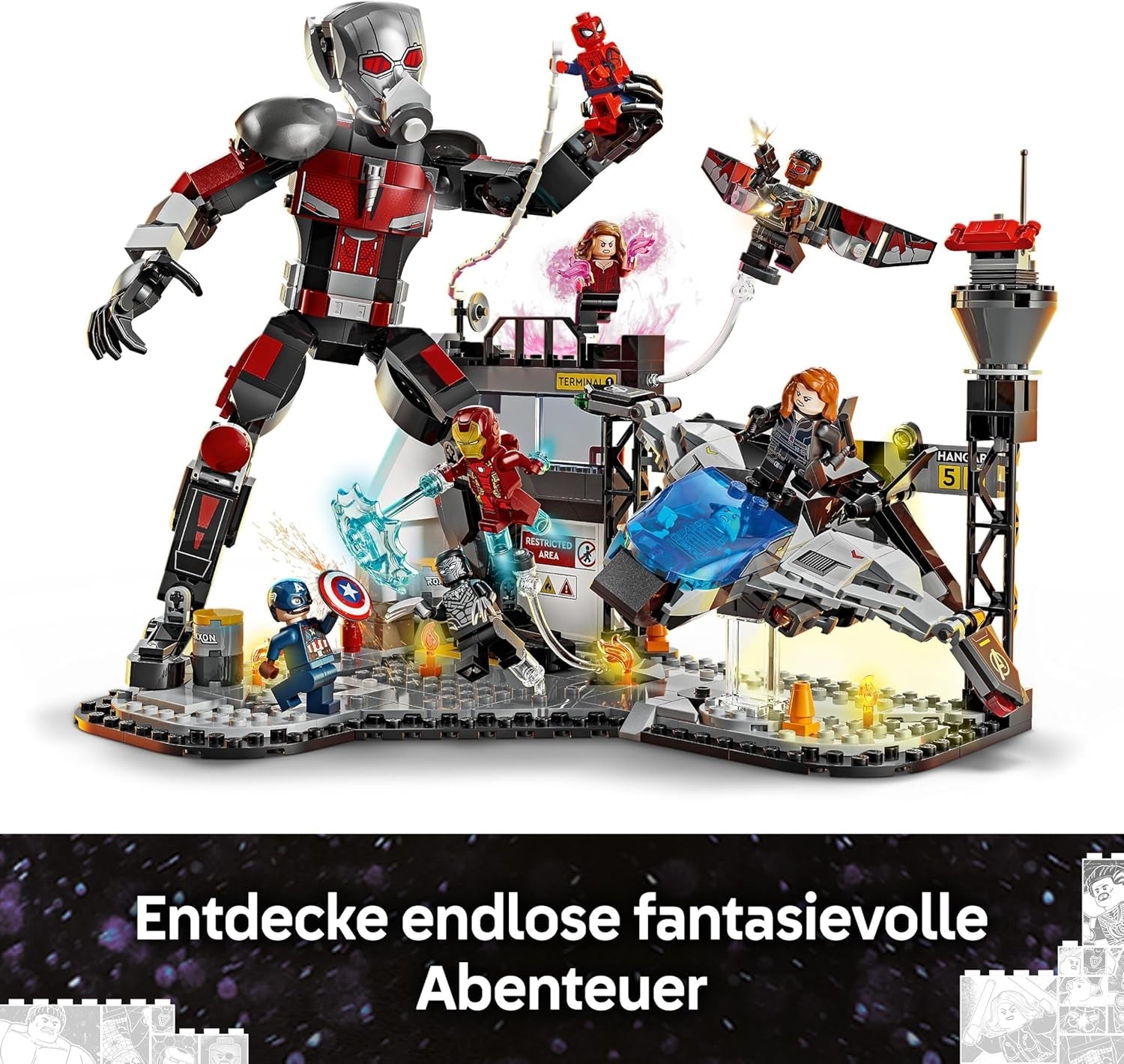 LEGO Marvel Captain America: Civil War Action Duell - Superhjältelekset med 8 minifigurer - Bygg- och lekset för leksaksflygplan - Present till pojkar och flickor 76314 Byggset Besuche den LEGO-Store