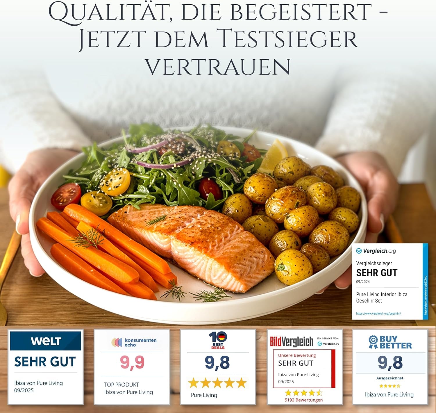 Kristall 48 delar porslin servisset TESTVINNARE Klart porslin servis set Skålar och tallrikar Middagsservice för 12 Pure Living servis set i vitt