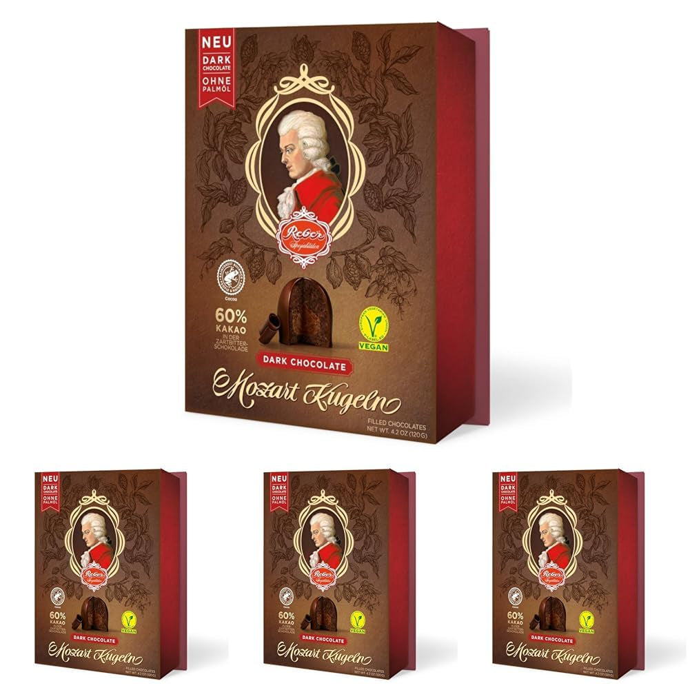 Reber Mozartkulor med mörk choklad, 6-pack med marsipan och nougat, vegansk - 1 x 120 g