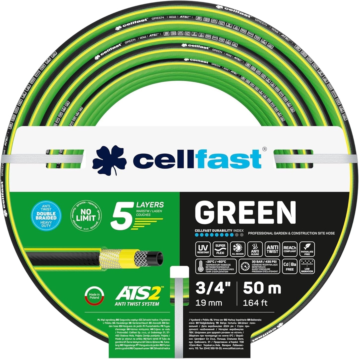 CELLFAST Trädgårdsslang 5-lagers vattenslang Dubbelflätad gränsöverskridande bevattningsslang UV-beständig Anti-Alger Flexibel 30 Bar 3,4 Inches 50 Meter Grön