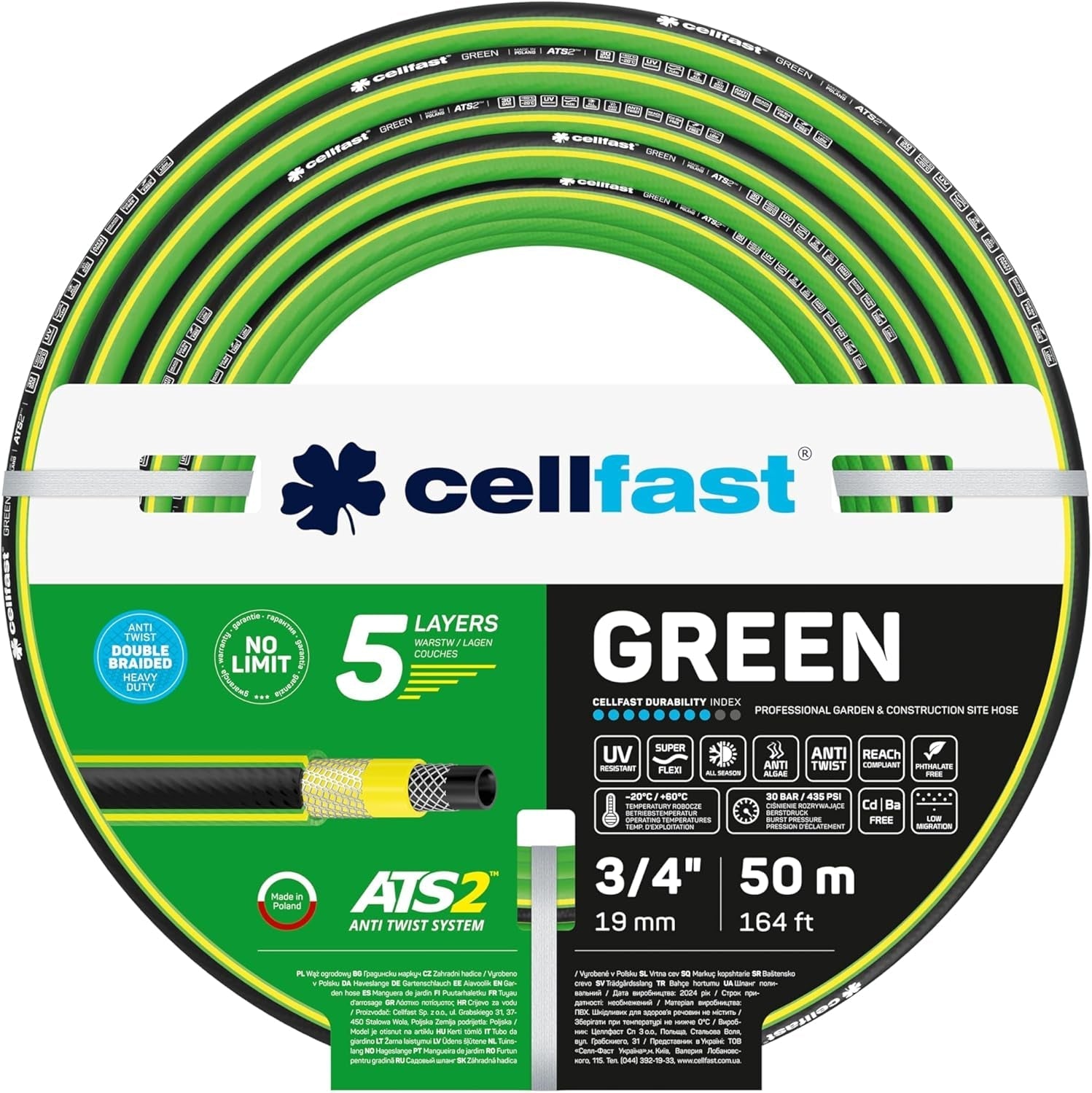 CELLFAST Trädgårdsslang 5-lagers vattenslang Dubbelflätad gränsöverskridande bevattningsslang UV-beständig Anti-Alger Flexibel 30 Bar 3,4 Inches 50 Meter Grön