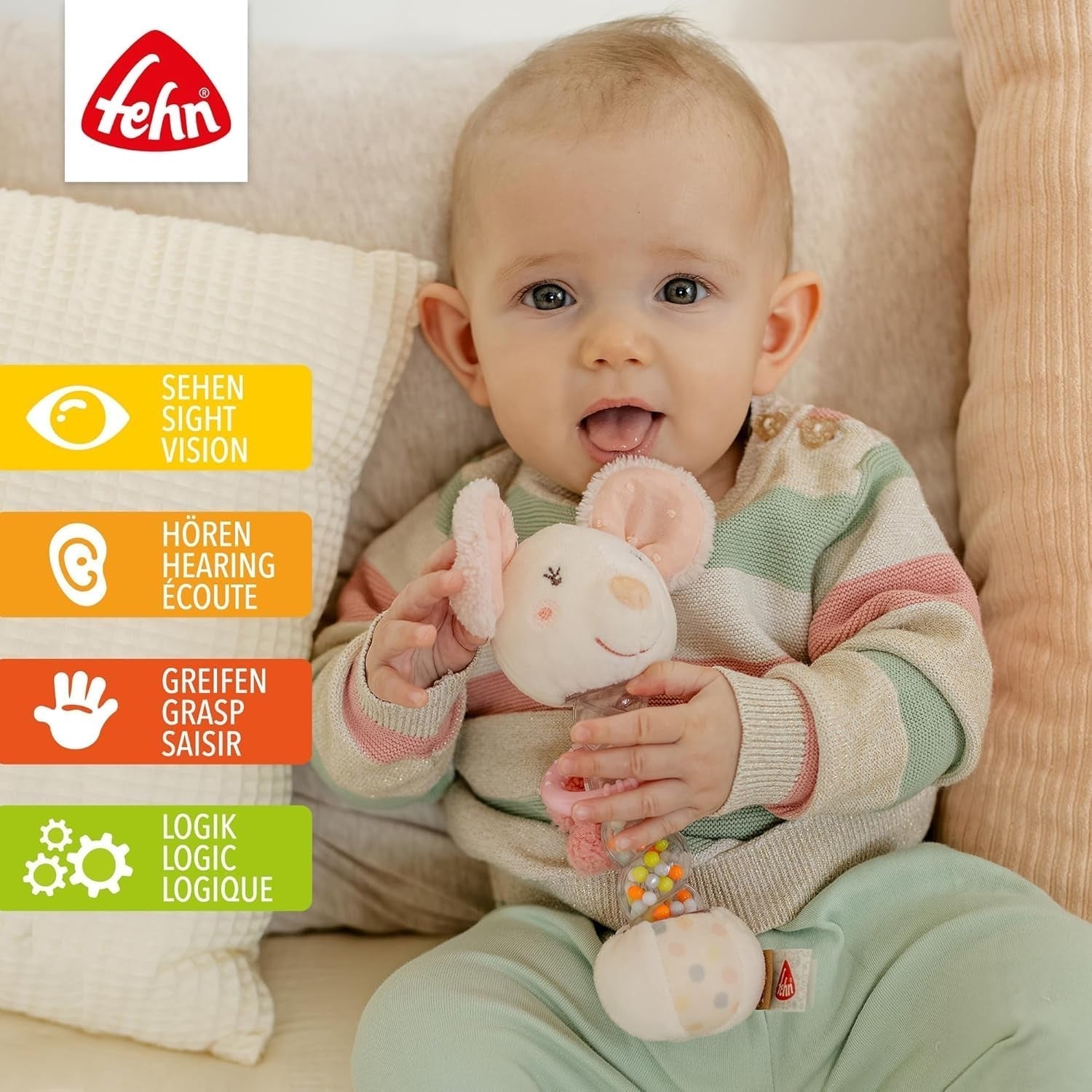 Fehn rainmaker-mus - motorisk leksak med klocka för att greppa och göra ljud - bell stick främjar lekfullt sinnen och motorik - för spädbarn och småbarn från 0+ månader Baby Toys Naty Shop