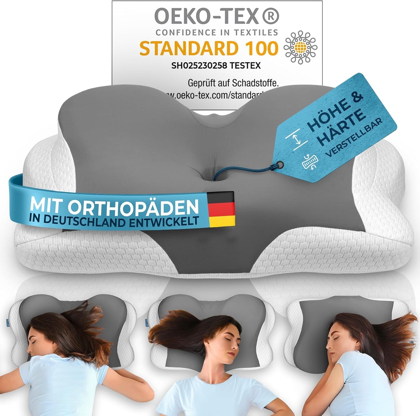 Ortopedisk kudde [Innovationspris för ergonomi nominerad] Nackvärkskudde gjord av Memory Foam | Nackstödskudde Ergonomisk nackrullsida sovkudde Grå cervikala ortopediska kuddar Naty Shop Grey Kissen [Version:Allrounder]