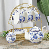Fanquare Blue Flower Porslin teservis med metallställ Vintage porslin kaffekopp och fat Engelsk kaffeservis för vuxna