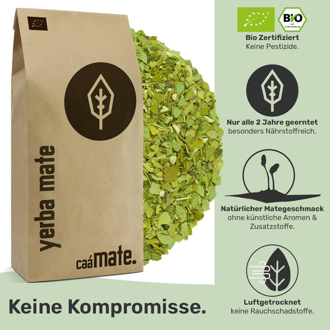 BIO Yerba Mate Tea 1 kg ● Original ● Moget ● Orostad ● Lufttorkad ● Rökfri ● Plastfri ● Fair Trade ● Mate-teer från mateblad, matebitar och matebladspulver ● DE-ÖKO-006