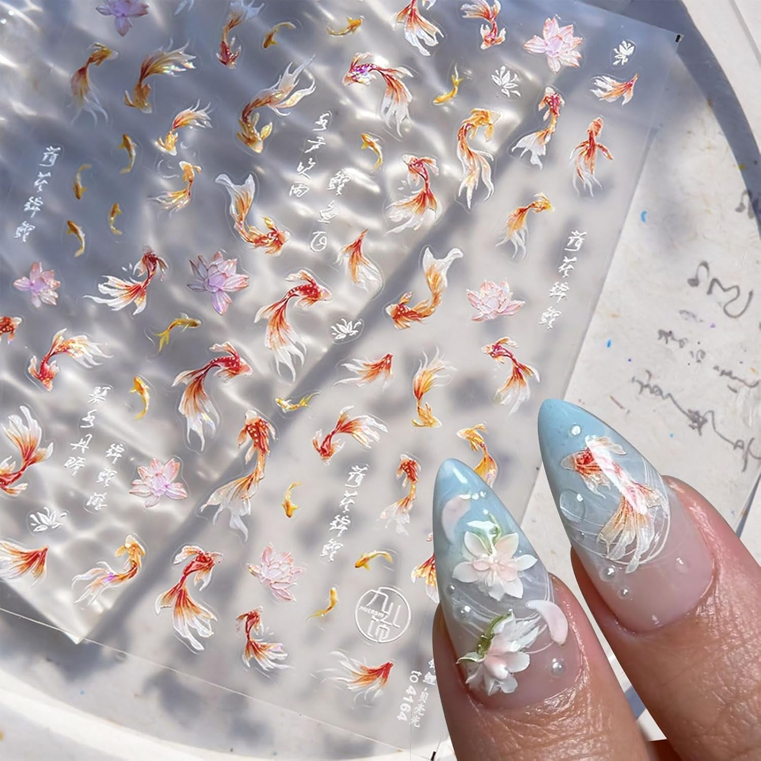 JMEOWIO 3D Nagelsticker Koi Fisch Nail Art Sticker Selbstklebend Nagelaufkleber 5D Stereoskopisk Dekoration Nageldesign Zubehör 1 Blatt