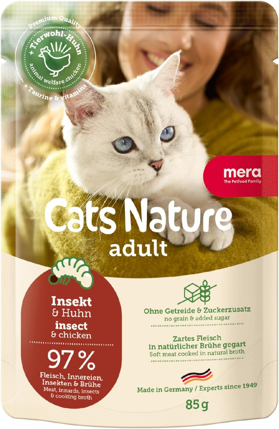 MERA Cats Nature Insect Premium Katzenfutter Nass 12x85g | ohne Zucker und Getreide| Nachhaltig & mit viel Insektenprotein | Vuxen Katzennassfutter