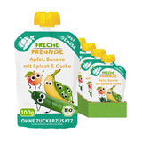 FRECHE FREUNDE Ekologisk pressbar fruktpåse med äpplen, bananer, spenat och gurka, mosad frukt och grönsaker i en pressbar påse för spädbarn från 6 månader, vegansk, förpackning om 6 (6 x 100 g)