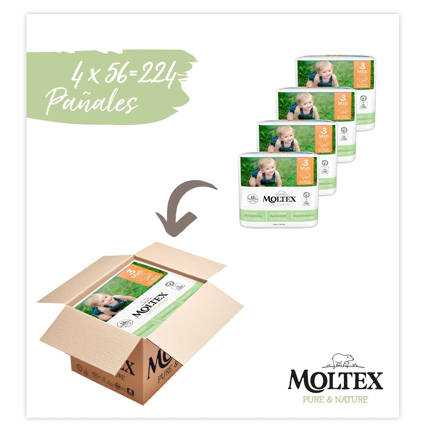 Blöjor, storlek 3 (4-10 kg), 224 blöjor (4 påsar med 56 st)