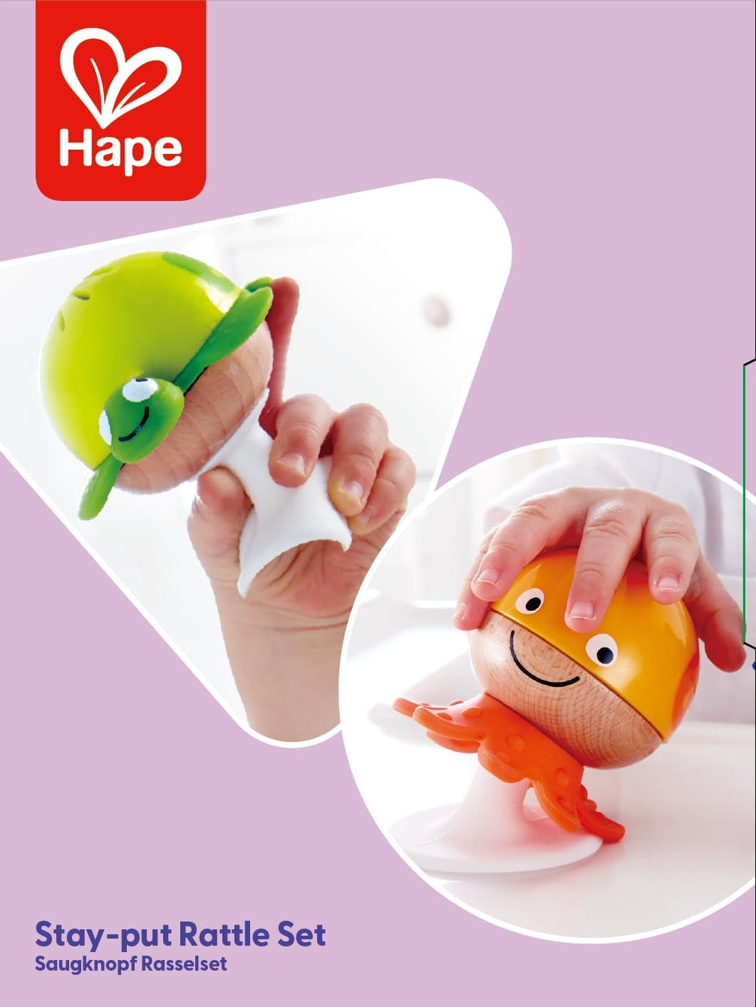 Skallerset med sugkopp Hape | Tre djur med tandringelement, sköldpadda, bläckfisk och val | Lärleksak från 0 månader Bebe Toys Naty Shop