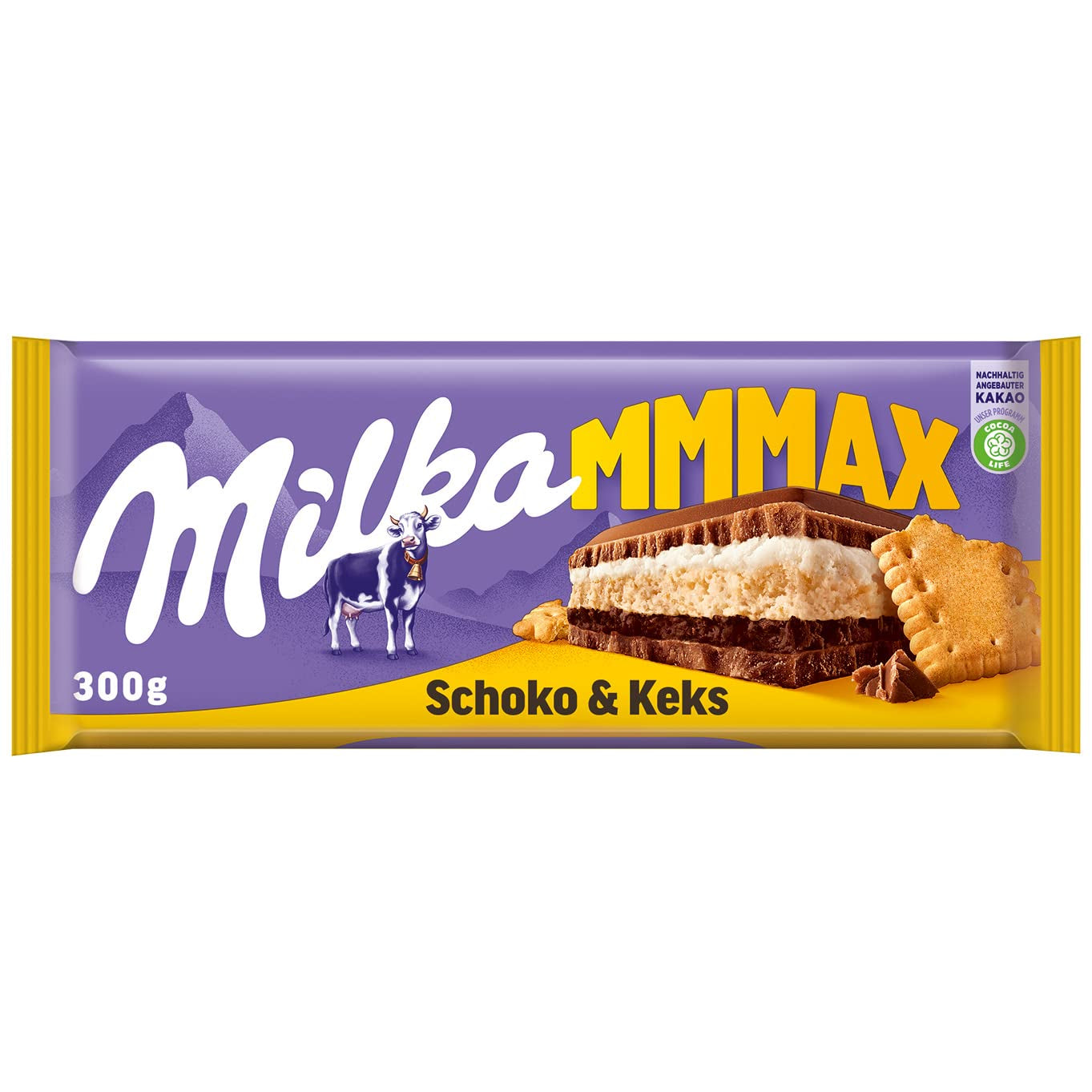 Milka Mmax choklad och kex – alpin mjölkchoklad med mjölkgräddefyllning och krispiga kexbitar – 300g