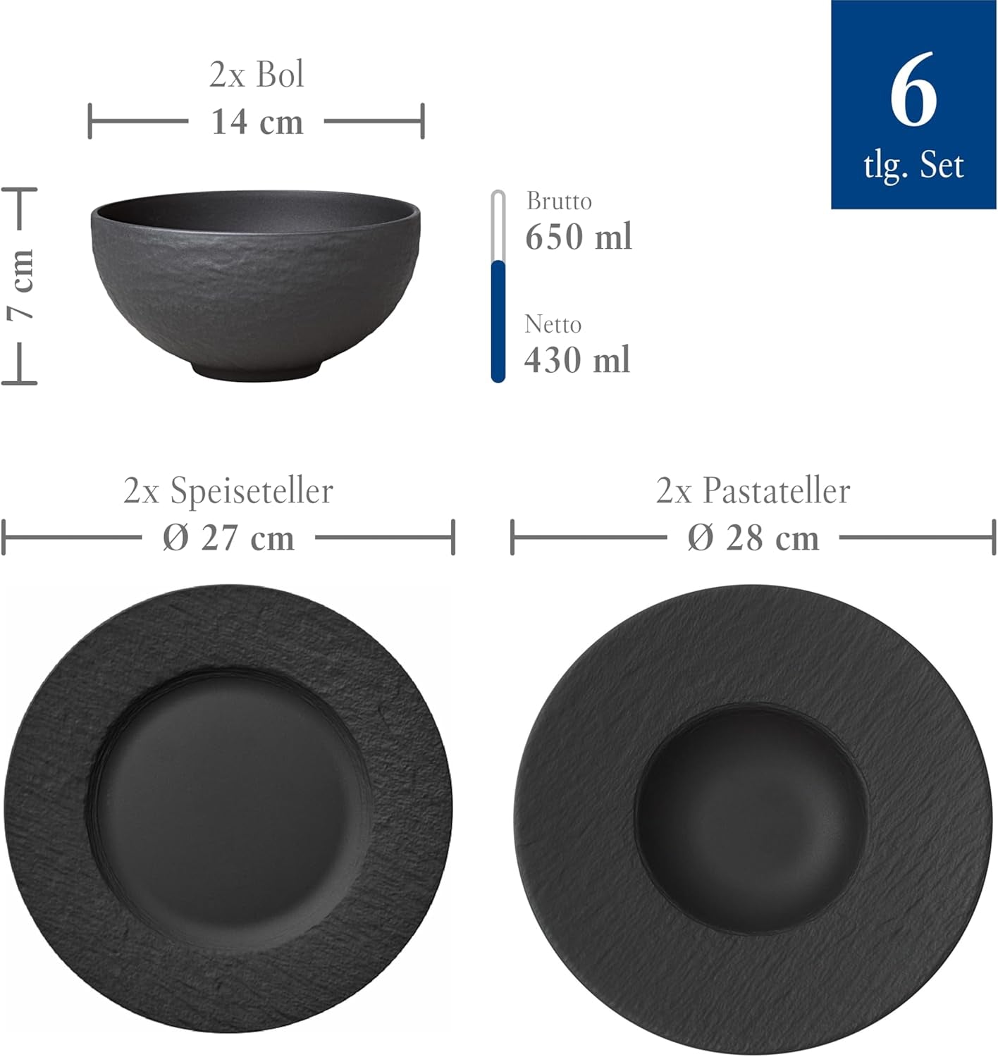 Villeroy & Boch Manufacture Rock Starter Set, 6 delar, svart, diskmaskinssäker, mikrovågssäker, mattsvart servisset, servis, bestick, premiumporslin