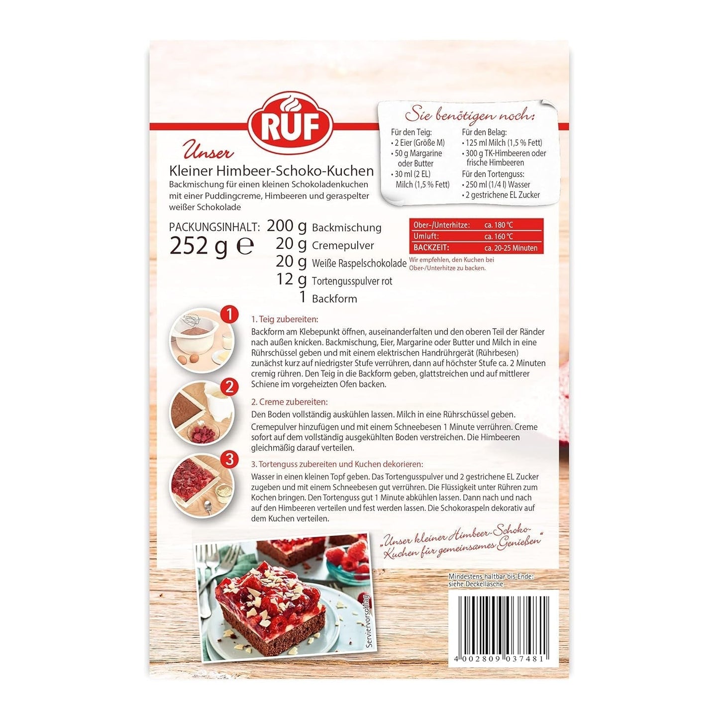RUF Kleiner Himbeer-Schokokuchen, Mini-Kuchen Mit Feiner Puddingcreme, Himbeeren Und Weißen Schokoraspeln, Inkl. Bakform, 1X252G Blandning för bakning och matlagning Naty Shop