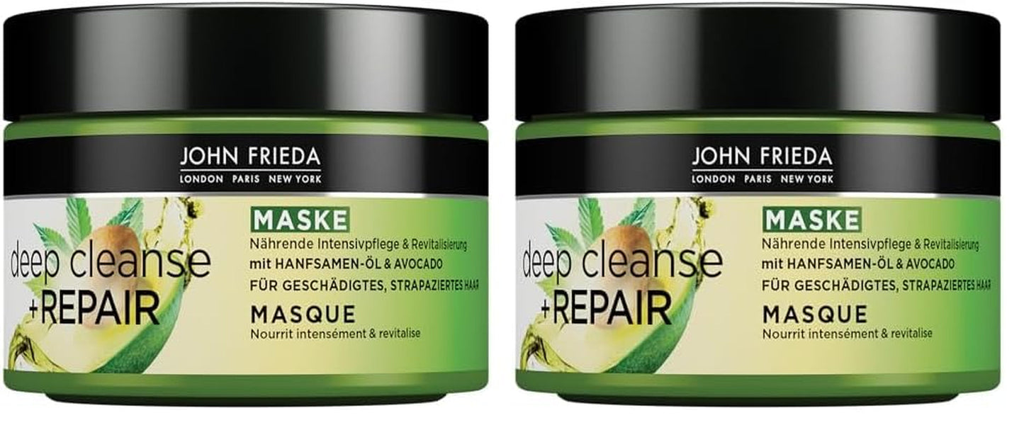 John Frieda - Deep Cleanse & Repair Mask / Treatment - Innehåll: 250 ml - Med hampfröolja + närande avokado - Lugnande hårmask för skadat hår Naty Shop hårmask 250 ml (förpackning om 2)