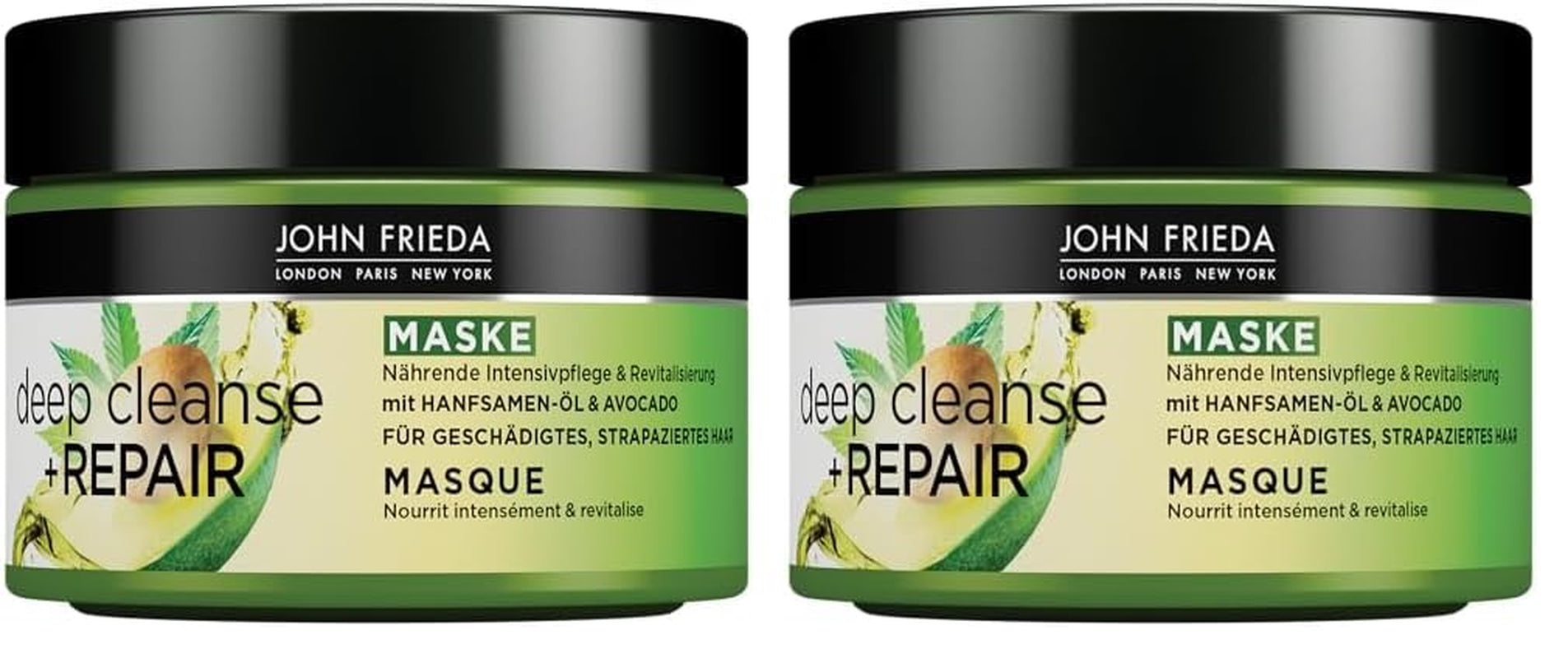 John Frieda - Deep Cleanse & Repair Mask / Treatment - Innehåll: 250 ml - Med hampfröolja + närande avokado - Lugnande hårmask för skadat hår Naty Shop hårmask 250 ml (förpackning om 2)