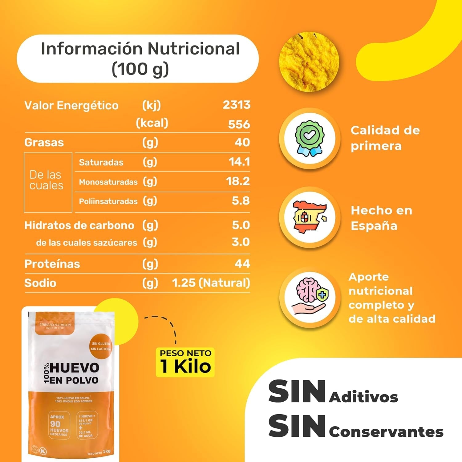 Eipulver aus Freilandeiern (1kg) | Pasteurisiertes Vollei Pulver | Ohne Zusatztoffe | Glutenfri & laktosfri | Vakuumverpackung i Zip-Beutel