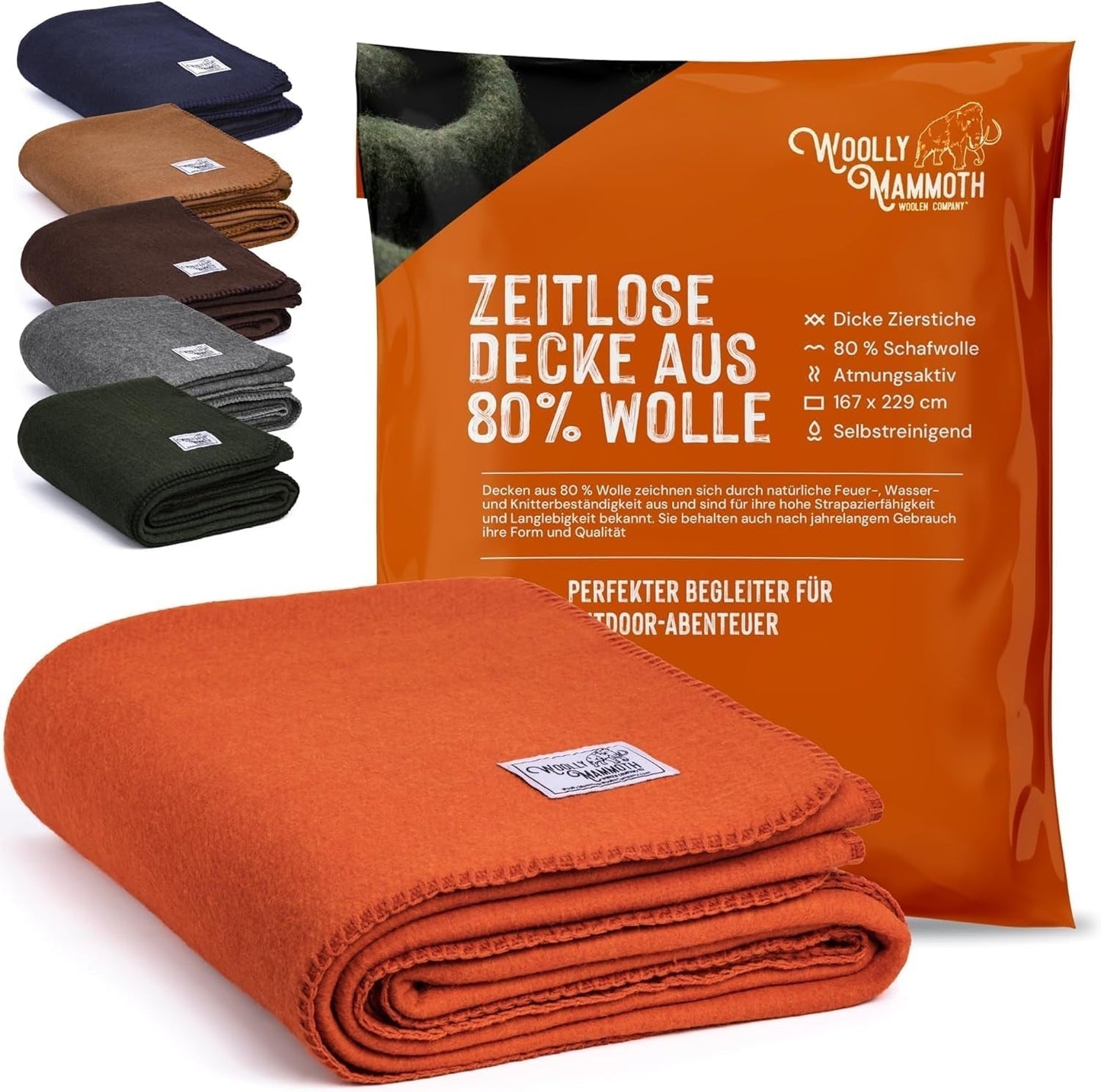 Woolly Mammoth Woolen Co. campingfilt, extra stor, merinoull, Den perfekta utomhusutrustningen för bushcraft, camping, vandring, vandring, överlevnads- eller stugfilt. Brun, 168 X 228 Woolly Mammoth Woolen Company Orange/röd kvällssicksack (Sunset Chevron) 66" X 90" sängar och filtar
