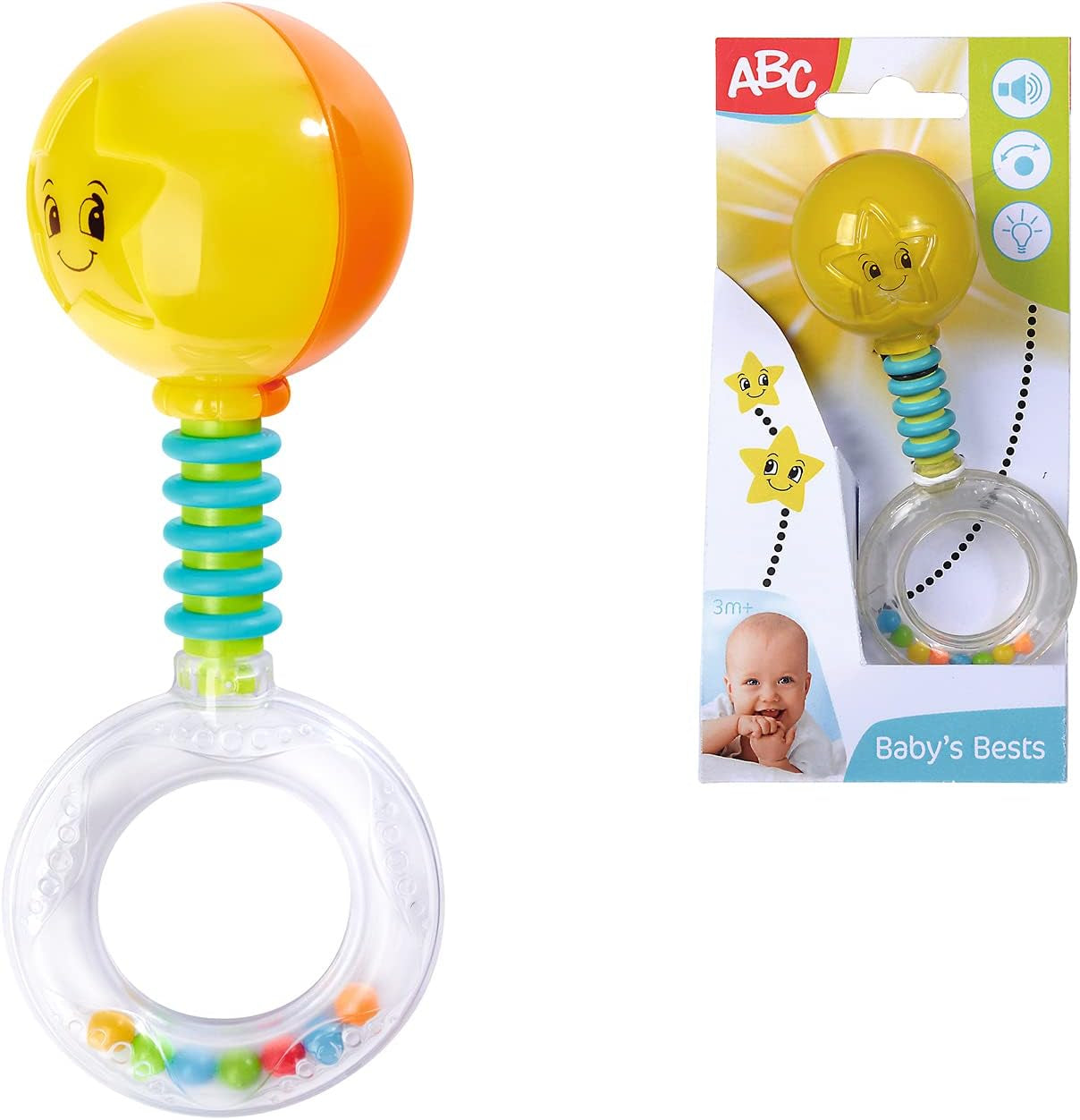 Simba 104010060 - Rattle ABC tänds, lyser vid skakning, 14cm, leksak för bebisar, skallra för bebisar, första utrustning, från 3 månader, gul Jucarii Bebe Naty Shop