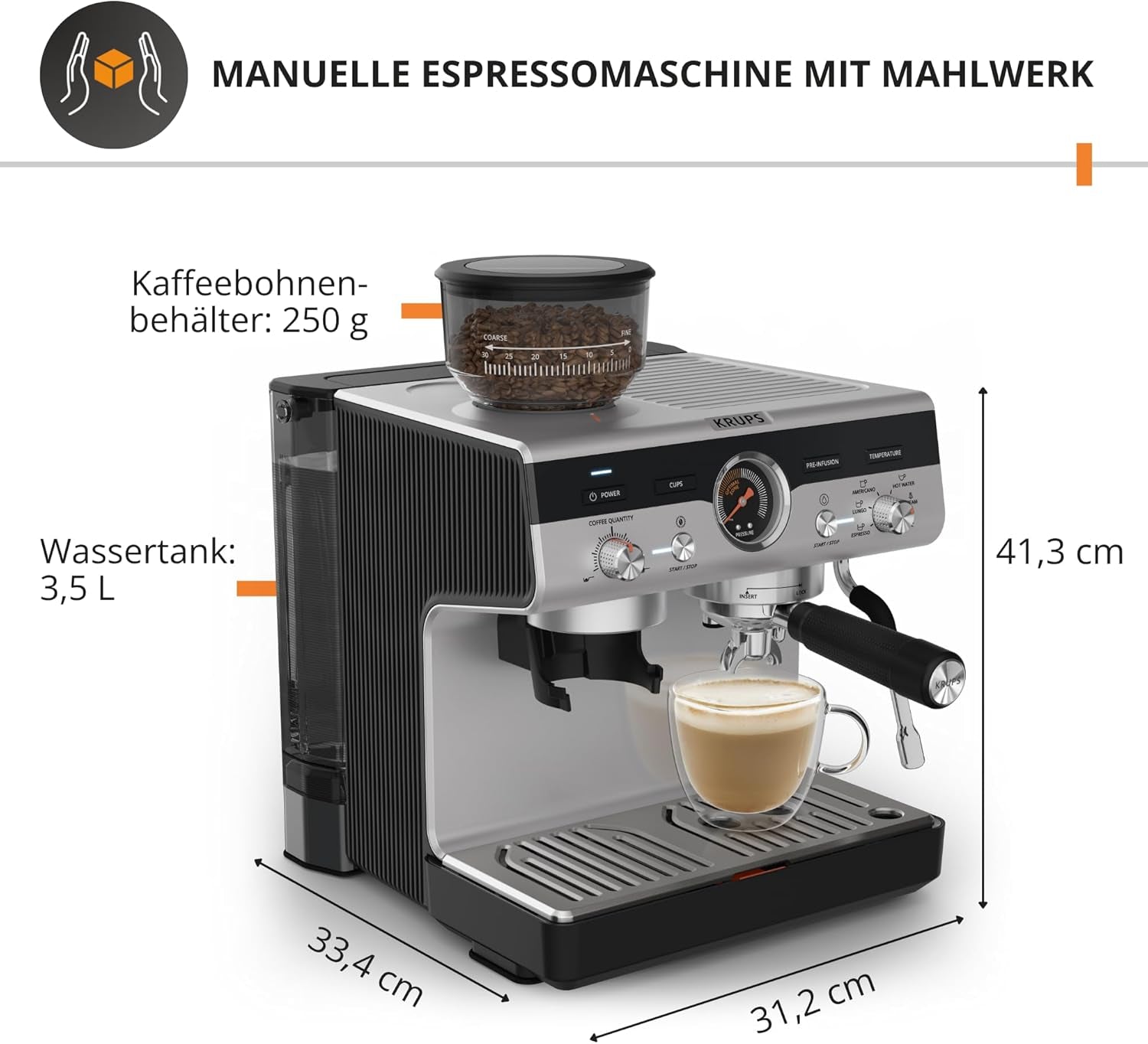 Krups Precision manuell espressomaskin med portafilter och kvarn, barista kaffemaskin med intuitiv kontrollpanel, förinfusionsinställningar, espressomaskin med ångmunstycke, snabb uppvärmning, XP801T10