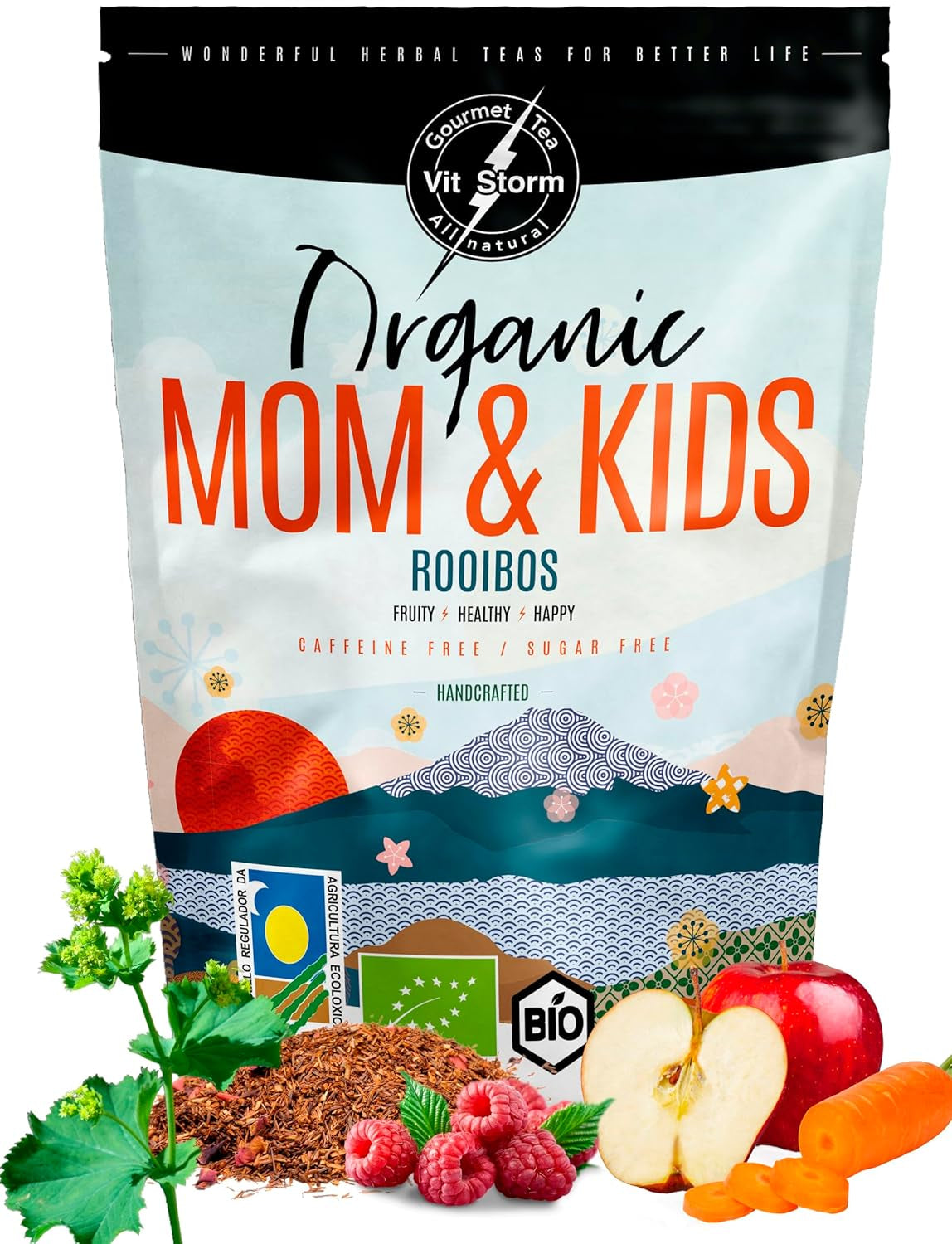 VITSTORM® BIO TEE Mom & Kids - Te för kvinnor och ammande - Rooibos, äpple, fänkål, citronmeliss, alchemilla, jordgubb - Avkopplande te - Fruktigt och gott - Koffeinfritt - Örtte 100 g