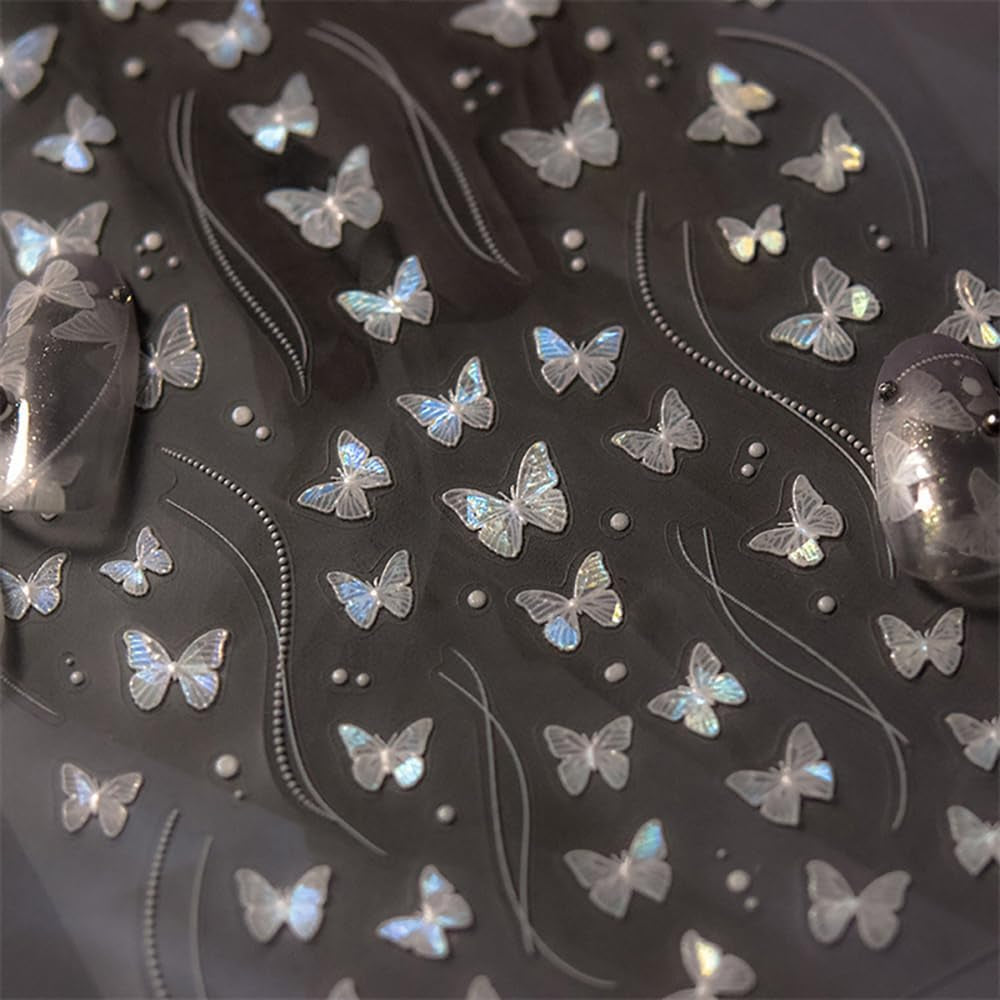 2 Blätter Schmetterling Nagelsticker Selbstklebend,Muschel Glitzer Nail Art Butterfly Nagelsticker Lila Grau Schmetterlinge Nagelaufkleber Relief Laser Butterflies Nagel Sticker Nageldesign Zubehör