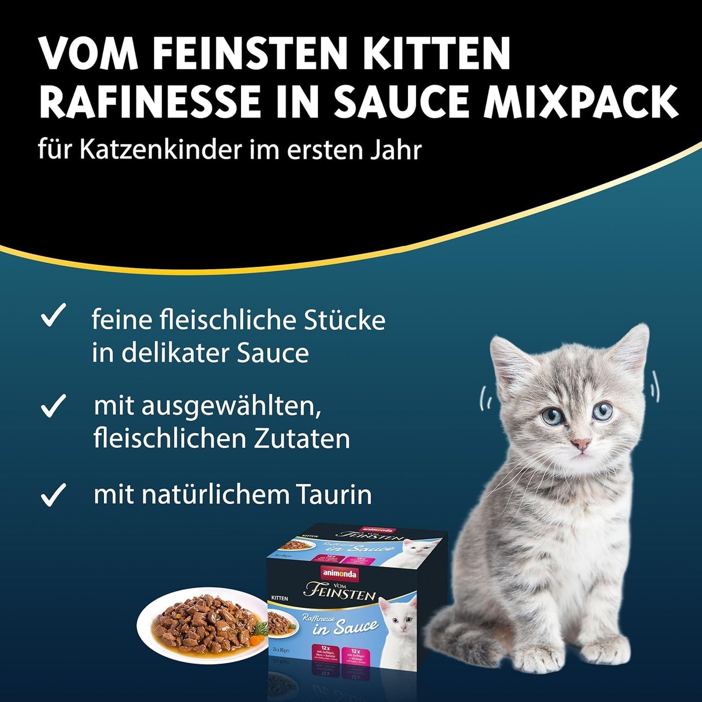 animonda vom Feinsten Premium Kitten Våtfoder för katter, Raffinerade smaker i sås, 24 påsar (24 x 85g), Högkvalitativt våtfoder för katter, sockerfri, Blandad mix