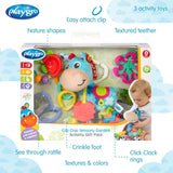 Playgro Clip Clop Sensory Garden Activity Present Pack - Sensorisk trädgårdsleksak för bebisar från 0 månader - Interaktiv leksak med skallror, bitring och barnvagnsvän - 4 stycken