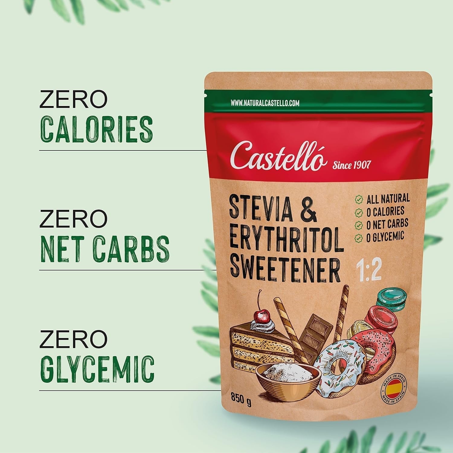 Stevia + Erythritol 1:2 Süßstoff | 1G = 2G Zucker | 100% Natürlicher Zuckerersatz - 0 Kalorien - 0 Glykämischer Index - Keto Und Paleo - 0 Netto-Kohlenhydrat - Kein GVO - Castello sedan 1907 - 850 G Sweeteners Naty Shop