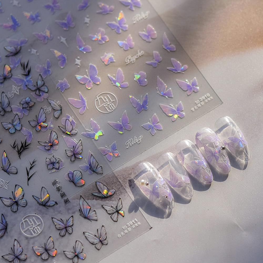2 Blätter Schmetterling Nagelsticker Selbstklebend,Muschel Glitzer Nail Art Butterfly Nagelsticker Lila Grau Schmetterlinge Nagelaufkleber Relief Laser Butterflies Nagel Sticker Nageldesign Zubehör
