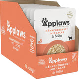 Applaws 100 % naturligt våtmat för katter, kycklingbröst med lax i buljong - förpackning med 12 70 g påsar