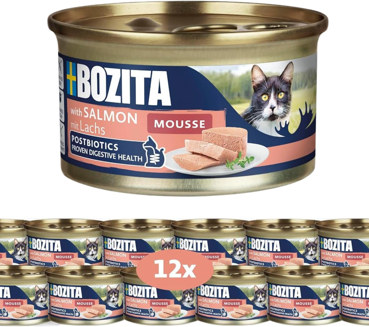 Bozita Mousse MSC Lax - 12 x 85 g våt kattmat med fin konsistens av mousse och lax - spannmålsfritt recept, inget tillsatt socker eller färgämnen - med postbiotika för att stödja tarmfloran