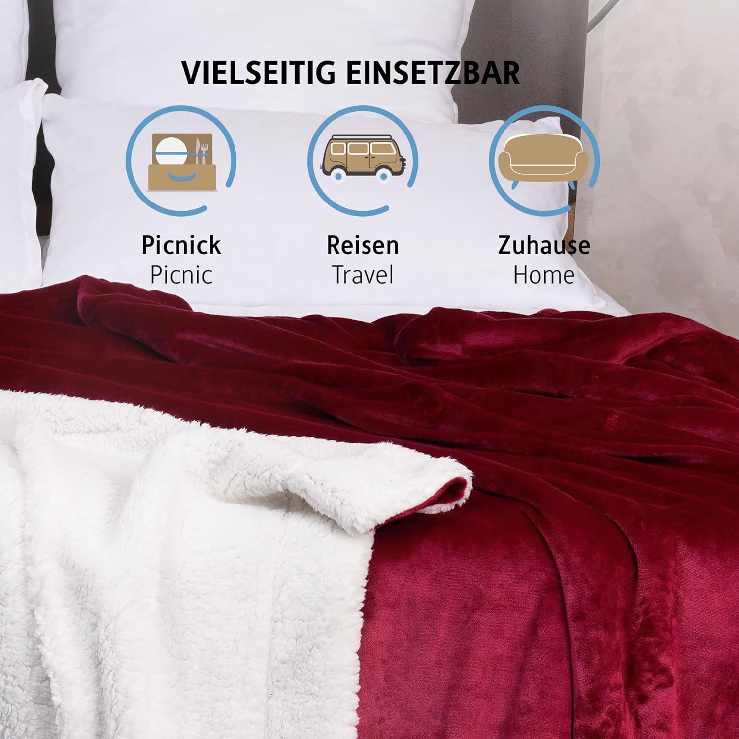 Komfortec mysfilt 150X200 Cm, Oeko-Tex certifierad fluffig fleecefilt, varm sherpafilt till soffan, tjock filt till soffan, vinröda sängar och filtar Besuche den Komfortec-Store