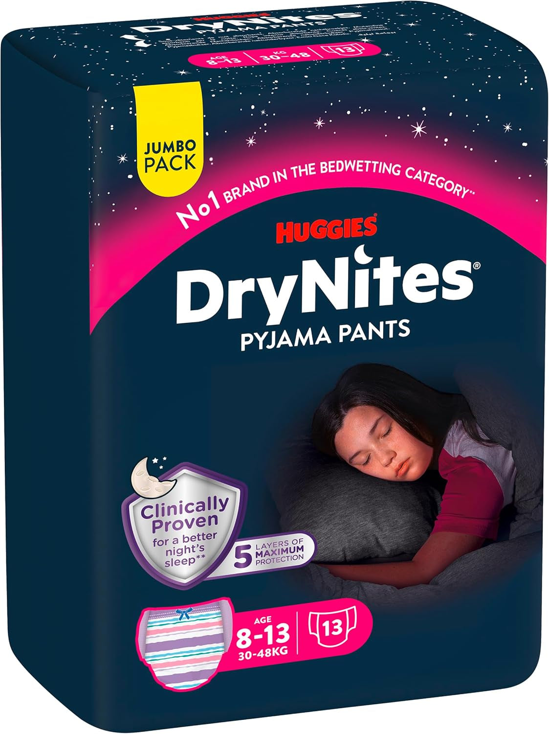 Huggies DryNites nattblöjor för sängvätning för pojkar 13 till ca 8-13 år (30-48 kg) 33-delade (3x11) Jumbo månadspaket XL blöjtrosor Vazba badprodukter