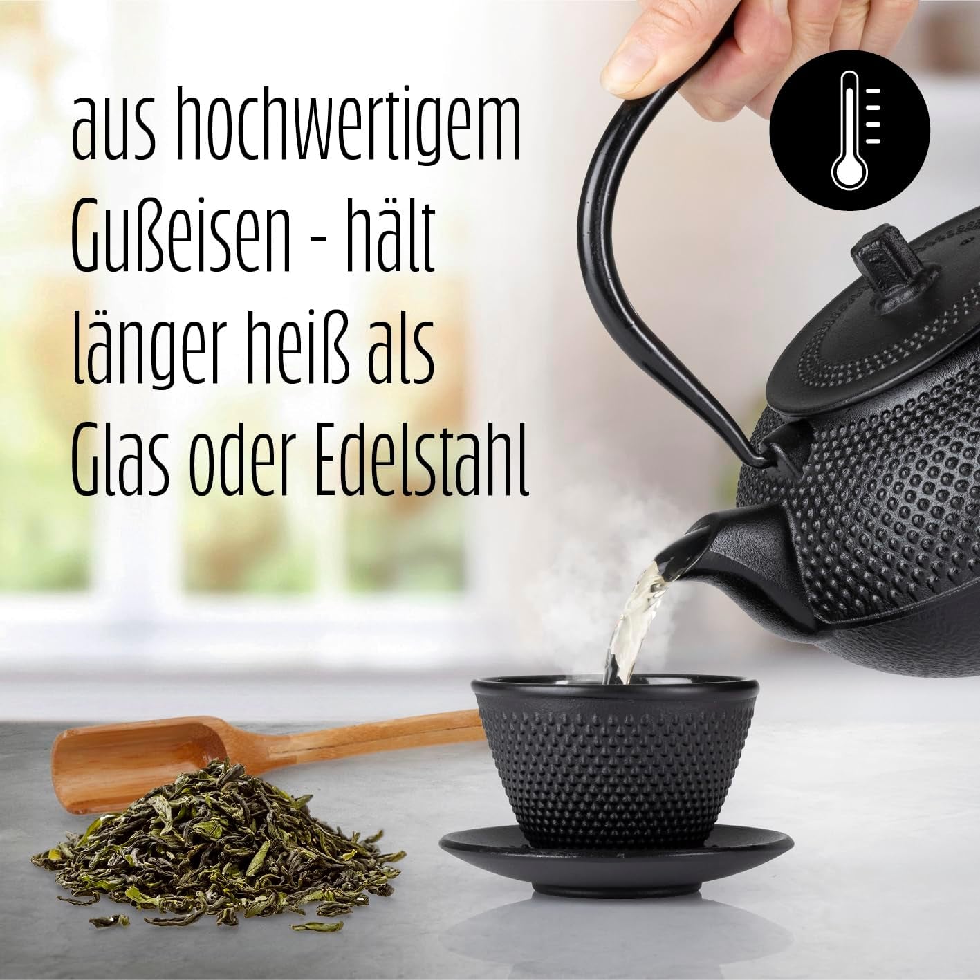 Lumaland 8 delar teservis | 1,4 liter Tetsubin gjutjärn tekanna | Gjutjärnsvärmare | 2 tekoppar och 2 fat | Japanskt teservis inklusive mätsked av bambu och infusionsanordning i rostfritt stål