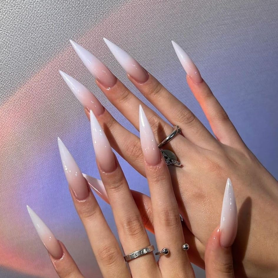 Mouyouglow Långa naglar Stiletto Milky White Gradient Rosa Glitter Coola falska naglar med lim Rosa Ombre Glitter konstgjorda naglar
