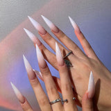 Mouyouglow Långa naglar Stiletto Milky White Gradient Rosa Glitter Coola falska naglar med lim Rosa Ombre Glitter konstgjorda naglar