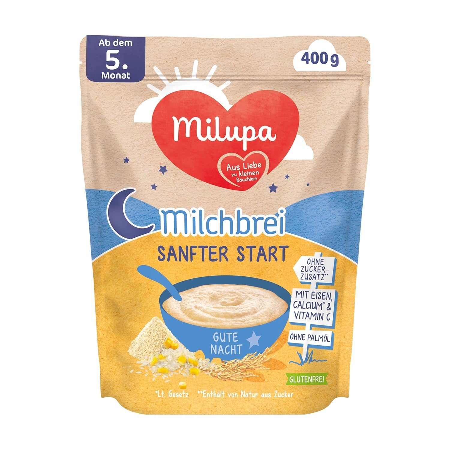 Mjölkgröt Milupa Gentle Start - Spannmål för bebisar utan gluten, utan palmolja - Utan konserveringsmedel och färgämnen - Från 5 månader - 4 x 400 g